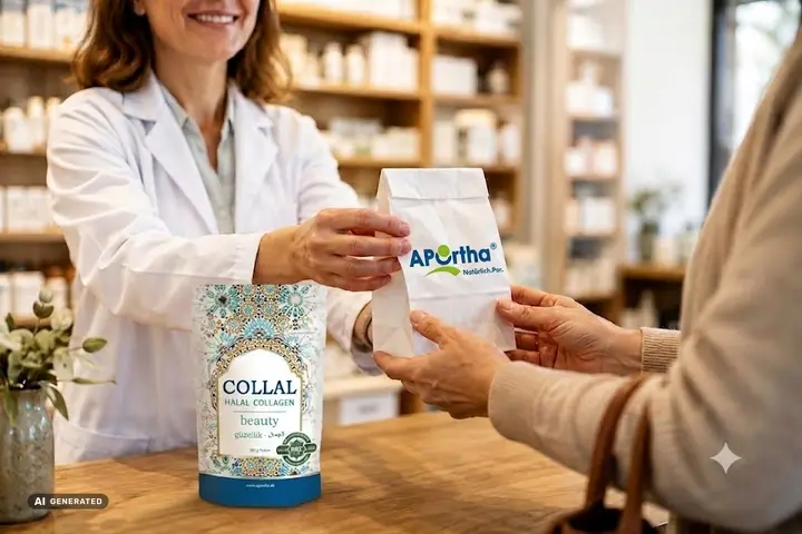 Übergabe einer APOrtha-Apothekentüte über den Beratungstisch, daneben ein Collal® beauty Beutel (KI-generiertes Symbolbild)