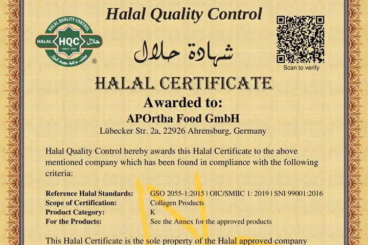 Ausschnitt des offiziellen HQC-Halal-Zertifikats für Collal®