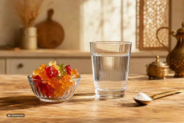 Gummibärchen neben einem Glas mit klarem, gelöstem Kollagen (KI-generiertes Symbolbild)
