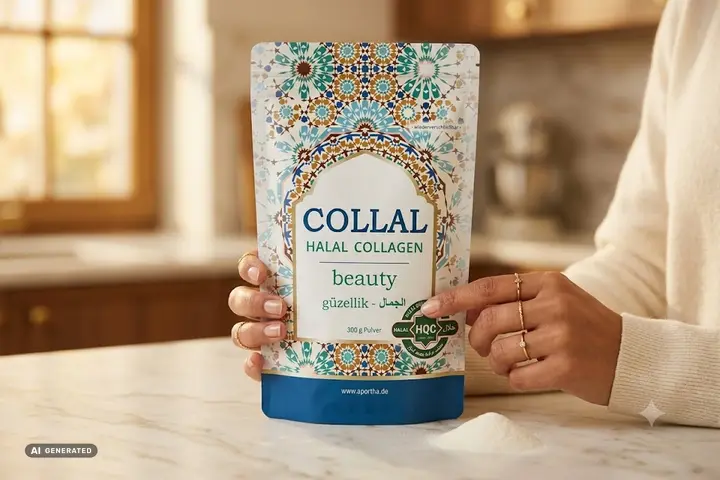 Eine Hand zeigt auf das HQC-Siegel des Collal® beauty Beutels (KI-generiertes Symbolbild)