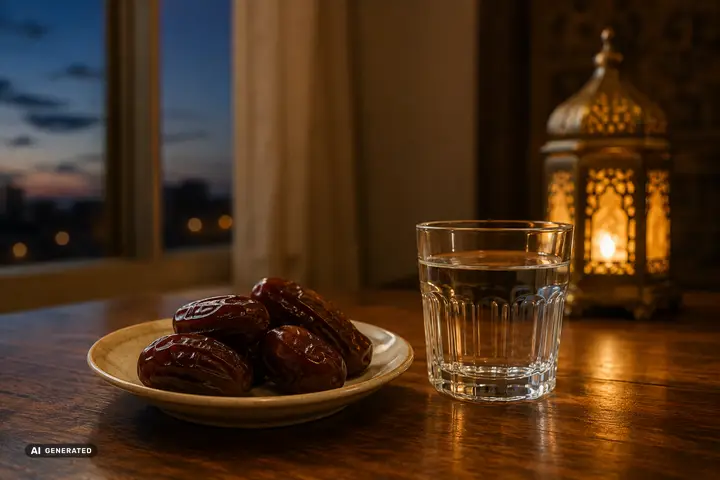 Datteln und ein Glas Wasser zum Iftar, dahinter eine Messinglaterne (KI-generiertes Symbolbild)