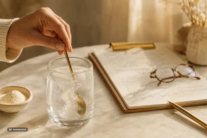Kollagen-Pulver wird in ein Wasserglas eingerührt, daneben Studiennotizen (KI-generiertes Symbolbild)